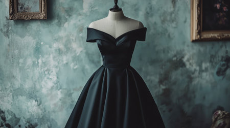 Stunning black evening dress displayed on a mannequin, set against a vintage backdrop. This elegant piece captures the essence of high fashion and artistic design.の素材