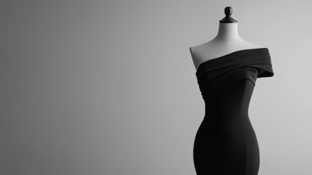 A stunning black dress is elegantly draped on a mannequin, set against a minimalist backdrop. This image exudes sophistication and modern artistry, perfect for fashion-related projects.の素材