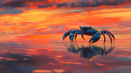 A solitary crab stands on a sandy beach, reflecting vibrant sunset colors. The tranquil scene captures the essence of nature's beauty at dusk, inviting exploration.の素材