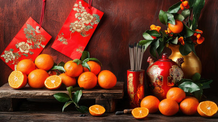A vibrant still life featuring fresh oranges arranged with traditional Chinese decorations, creating a festive atmosphere perfect for celebrations and gatherings.の素材