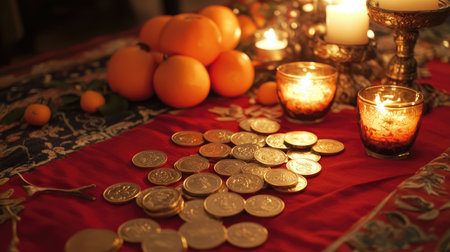 A captivating scene featuring warm candlelight, shiny coins, and fresh oranges arranged on a beautifully decorated table, evoking a feeling of warmth and celebration.の素材