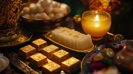 A beautifully arranged display of traditional sweets, gold accents, and a glowing candle creates a warm and inviting atmosphere for a festive celebration.の素材