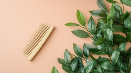 A wooden comb rests next to lush green leaves on a soft peach background, creating a serene and natural ambiance perfect for beauty and grooming themes.の素材
