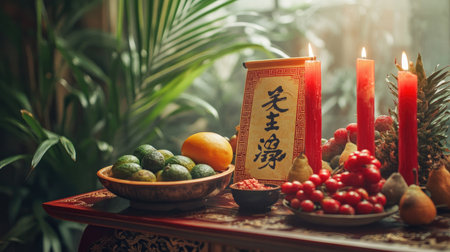 A serene Asian altar adorned with fresh fruits and red candles creates a peaceful atmosphere. This image captures cultural traditions and spiritual essence.の素材