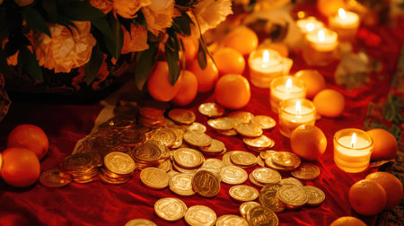 A vibrant tabletop display featuring glowing candles, fresh oranges, and shimmering chocolate coins, creating a warm and inviting festive atmosphere.の素材