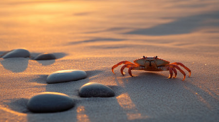 A solitary crab walks along a sandy beach at sunset, surrounded by smooth stones. The warm glow of the sun creates a peaceful coastal scene.の素材