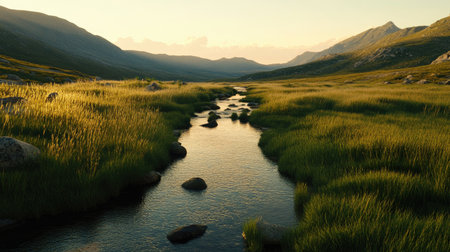 A stunning view of a mountain stream meandering through vibrant green grasslands at dusk, offering a serene atmosphere perfect for nature lovers and adventurers.の素材