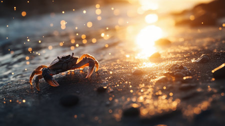 A crab walks along wet sand at sunset, illuminated by golden sunlight. Gentle waves create a serene atmosphere, showcasing nature's beauty.の素材