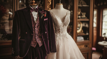 Stunning display of a wedding dress and groom's suit, showcasing intricate designs and rich textures in a vintage environment, perfect for wedding inspiration.の素材