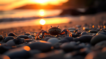 A solitary crab rests on a pebbled beach during a stunning sunset. The warm golden light creates a tranquil atmosphere, perfect for nature photography.の素材