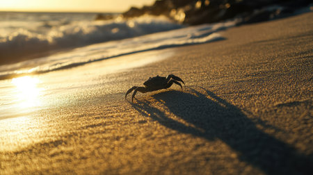 A solitary crab stands on a sandy beach during sunset, casting long shadows as gentle waves lap at the shore. Perfect for nature lovers and ocean enthusiasts.の素材