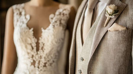 A stunning close-up of elegant wedding attire, showcasing a lace bridal dress and a groom's tailored suit. Perfect for capturing love and celebration.の素材