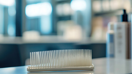 A sleek white hair comb rests elegantly on a countertop in a modern salon, surrounded by beauty products, capturing a stylish and clean aesthetic.の素材