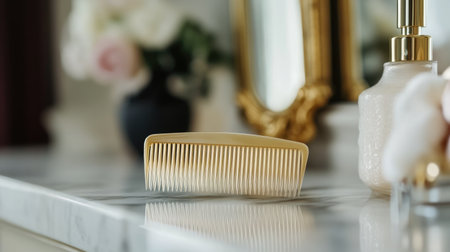 An elegant hair comb rests on a marble vanity, surrounded by soft floral accents and a stylish decor. This serene scene captures beauty and organization.の素材