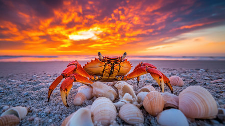 A striking crab sits among seashells on the sandy beach, with a vibrant sunset filling the sky. The scene captures the beauty of nature and tranquility by the ocean.の素材