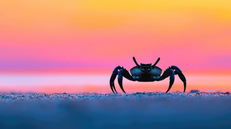 A stunning silhouette of a crab gracefully positioned against a vibrant sunset over the beach, capturing the essence of tranquility and nature's beauty.の素材