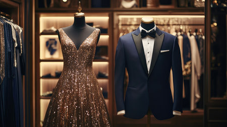 Stunning evening wear displayed in a boutique setting featuring a sparkling dress and a tailored suit, perfect for formal occasions and celebrations.の素材