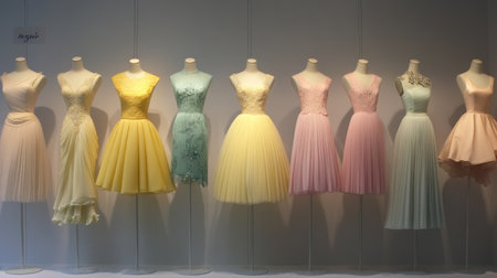 A stunning display of colorful dresses on mannequins showcases exquisite fashion design. The elegant apparel highlights timeless styles perfect for various occasions.の素材