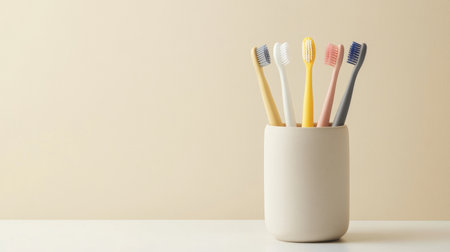 A vibrant arrangement of colorful toothbrushes in a modern holder, set against a soft background. Ideal for dental care and hygiene themes in lifestyle imagery.の素材