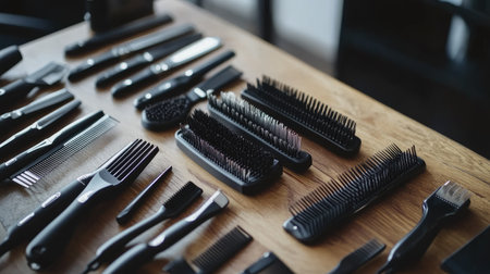 An organized array of professional hair tools including combs, brushes, and scissors displayed on a wooden table, showcasing the artistry of hair care and grooming.の素材