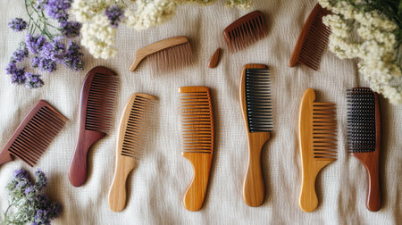 A collection of wooden combs displayed artistically on a fabric surface, surrounded by delicate flowers, showcasing natural beauty and hair grooming essentials.の素材