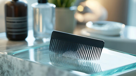 A sleek hair comb rests on a stylish bathroom counter beside various skincare products. The soft lighting and clean design create a serene atmosphere, ideal for personal care routines.の素材