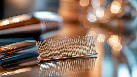 A beautiful hair comb rests on a shiny surface, reflecting soft light. The blurred background adds elegance and a touch of beauty, perfect for grooming themes.の素材