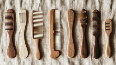 A flat lay of various wooden combs arranged on a soft neutral fabric. This image showcases the beauty of natural grooming tools, highlighting simplicity and craftsmanship.の素材