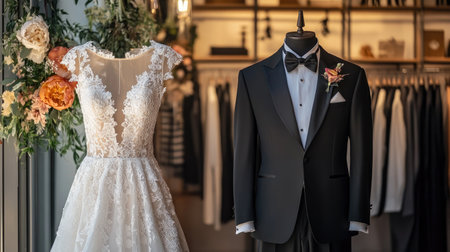 A beautifully arranged wedding attire display featuring an elegant bridal gown alongside a classic tuxedo. Perfect for showcasing romance and style.の素材