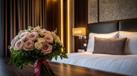 A beautiful bouquet of pink and white roses sits gracefully on a wooden table in a cozy hotel room, creating a romantic and inviting atmosphere.の素材
