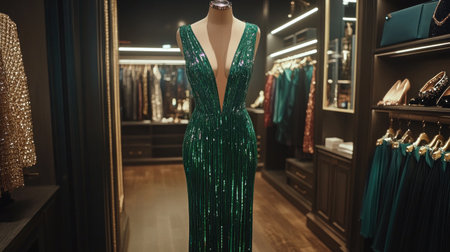 A stunning green sequin dress showcased on a mannequin in a chic boutique. The vibrant design and shimmering fabric highlight elegance, perfect for evening wear.の素材