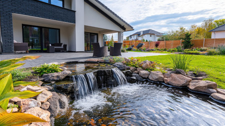Captivating image of a modern house exterior featuring a soothing waterfall and vibrant garden landscape, creating a serene outdoor living space.の素材