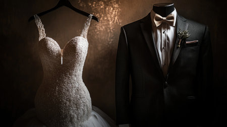 A stunning bridal dress paired with a groom's suit showcases the beauty of wedding attire. Dramatic lighting highlights intricate details and elegance.の素材