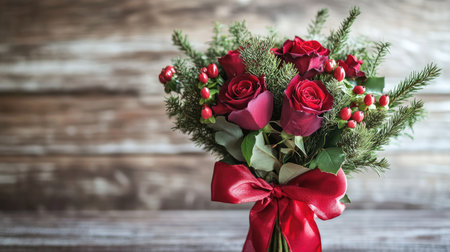 A beautiful close-up of an elegant bouquet featuring red roses and lush greenery, tied with a vibrant ribbon, perfect for festive occasions or romantic gifts.の素材
