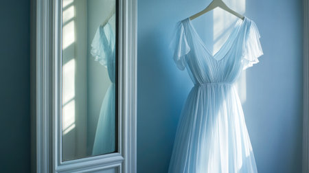 A serene light blue dress elegantly hangs by a mirror, reflecting soft light and creating a minimalistic yet stylish atmosphere perfect for fashion enthusiasts.の素材