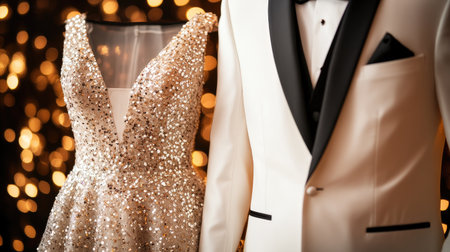 Showcase of elegant formal attire featuring a sparkling evening dress and tuxedo. Perfect for events, weddings, or glamorous celebrations.の素材