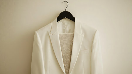 A stylish white suit jacket elegantly hangs against a neutral background, showcasing its fine tailoring and minimalist design, perfect for formal occasions.の素材