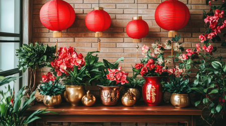 A charming display featuring red lanterns and lush floral arrangements against a brick wall, creating a warm and inviting atmosphere for any interior space.の素材