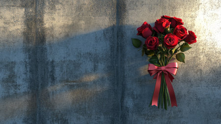A striking bouquet of red roses elegantly tied with a ribbon rests against a textured gray wall, symbolizing love and romance in a beautiful arrangement.の素材