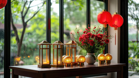 A beautiful indoor setting featuring a floral arrangement alongside glowing lanterns and red paper lanterns, creating a warm and inviting ambiance.の素材