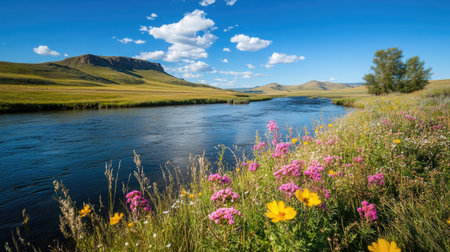A picturesque scene featuring a flowing river bordered by vibrant wildflowers under a clear blue sky. The tranquil landscape conveys a sense of peace and natural beauty.の素材