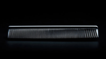 A sleek metal comb showcased on a dark surface, emphasizing its polished texture and elegant design in dramatic lighting, perfect for personal care imagery.の素材