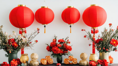 Vibrant scene featuring traditional red lanterns and floral arrangements, perfect for celebrating the joy and beauty of Chinese New Year festivities.の素材