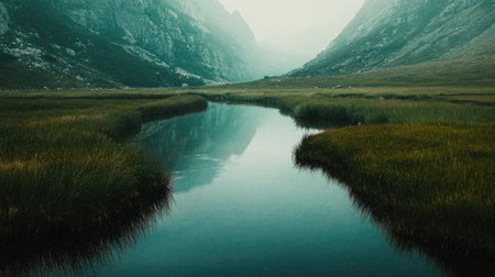 A breathtaking view of a calm river winding through a lush mountain valley, surrounded by mist and greenery, creating a serene and tranquil atmosphere in nature.の素材