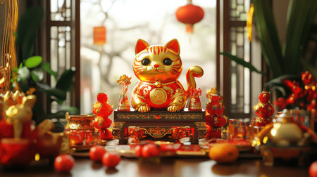 This vibrant image features a golden cat figurine, symbolizing luck and prosperity, surrounded by red and gold decorations for Lunar New Year festivities.の素材