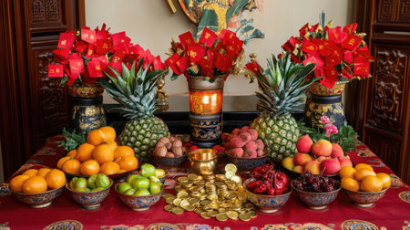 A vibrant festive table adorned with various fruits and decorative flowers, symbolizing prosperity and good fortune for celebrations such as the Lunar New Year.の素材