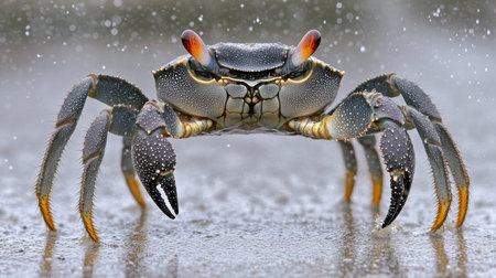 A stunning close-up of a brightly colored crab showcasing its details in a rainy setting. The image captures the intricate patterns and vibrant colors of this marine creature.の素材