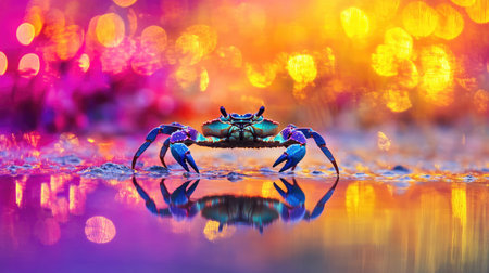 A striking close-up of a vibrant crab against a colorful bokeh background. The reflection in the water captures the essence of nature's beauty and vivid hues.の素材