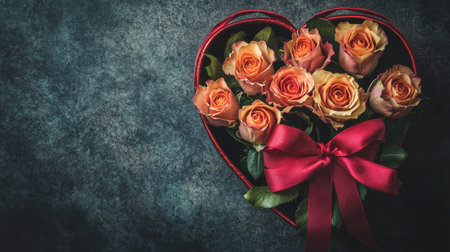 A stunning heart-shaped floral arrangement featuring beautiful orange roses tied with a red ribbon. This composition evokes feelings of love and warmth, perfect for romantic occasions.の素材
