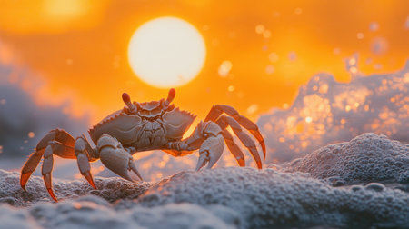 A beautiful crab stands on a beach with waves crashing around it as the sun sets, casting a warm orange glow. The scene captures the essence of a coastal paradise.の素材